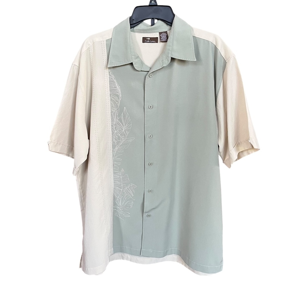 Café Luna Sage Green & Tan Embroidered Colorblock Button Up Casual Shirt Size XL